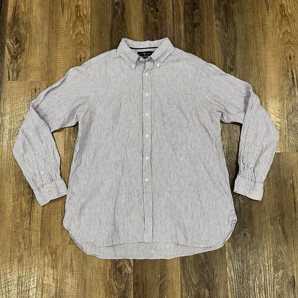 Polo Ralph Lauren Shirt 2XL White Purple Stripe Resort Linen Button Down Preppy
